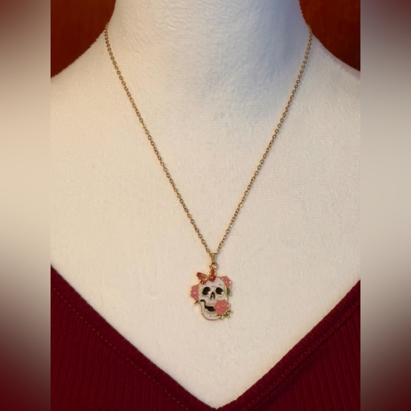 Skull Pendant Necklace Halloween Style Colorful Skull With Flowers - Picture 3 of 5